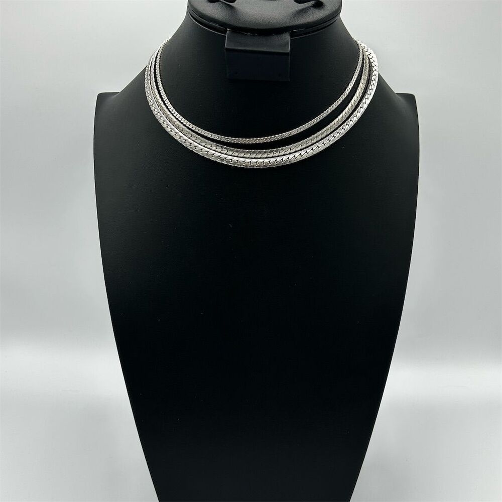 Vintage Triple Chain Silver Tone Necklace Secure Clasp - Picture 2 of 5